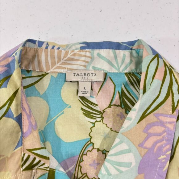 Talbots Green Blue Floral Button Up Top Women L Cotton Lightweight Tropical - Picture 7 of 8